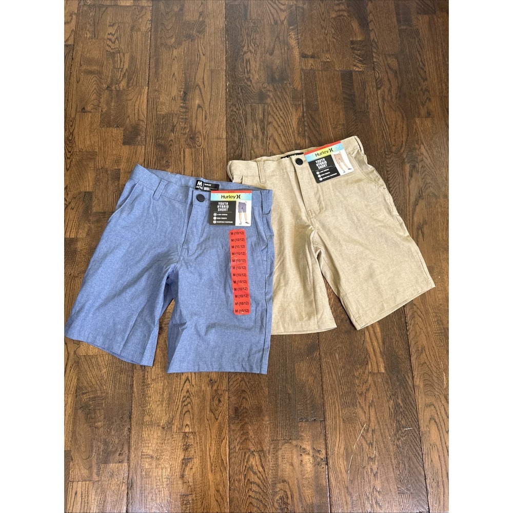 Hurley Hybrid Shorts – Youth Boys Size M (10–12) 2‑Pair Bundle Tan + Blue NEW